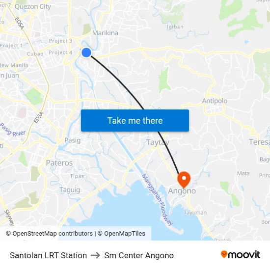 Santolan LRT Station to Sm Center Angono map