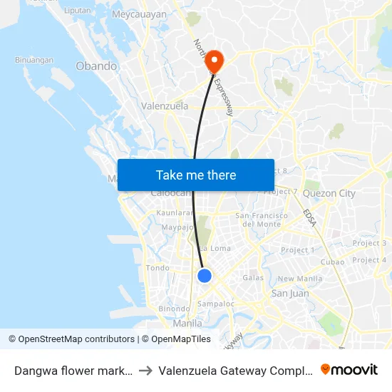 Dangwa flower market to Valenzuela Gateway Complex map