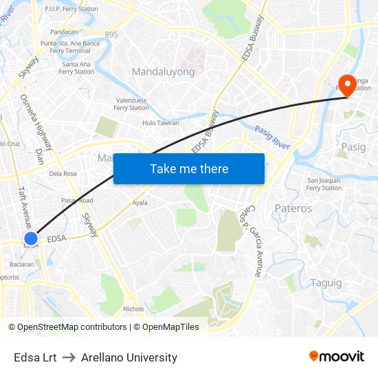 Edsa Lrt to Arellano University map