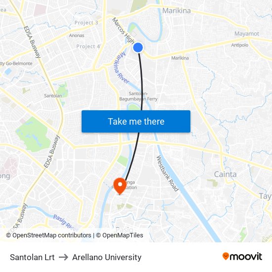 Santolan Lrt to Arellano University map