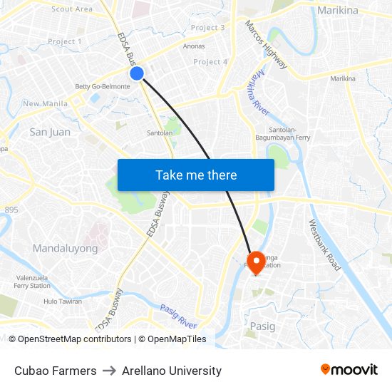 Cubao Farmers to Arellano University map