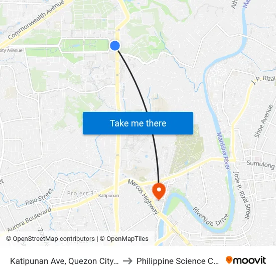 Katipunan Ave, Quezon City, Manila to Philippine Science Centrum map