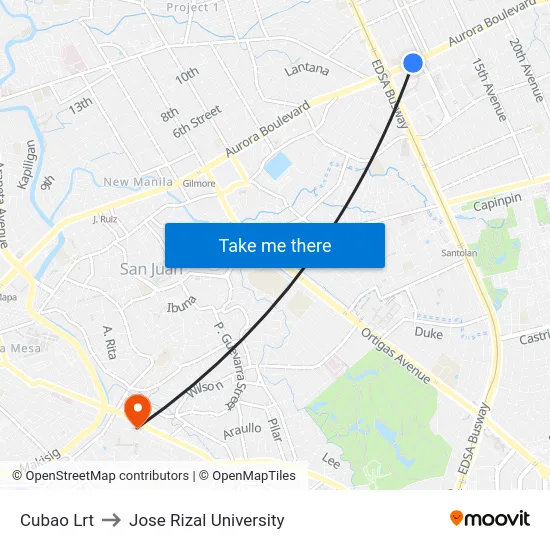 Cubao Lrt to Jose Rizal University map