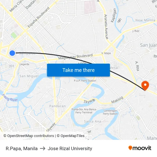 R.Papa, Manila to Jose Rizal University map