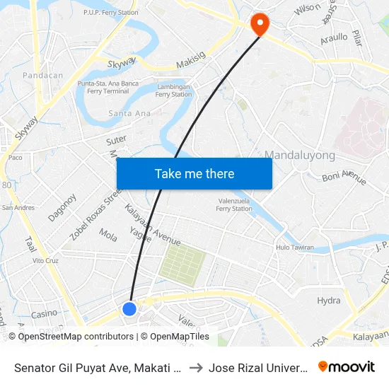 Senator Gil Puyat Ave, Makati City to Jose Rizal University map