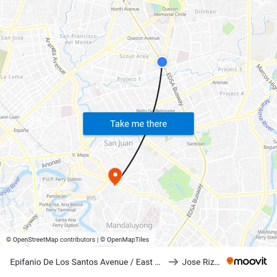 Epifanio De Los Santos Avenue / East Avenue Intersection, Quezon City, Manila to Jose Rizal University map