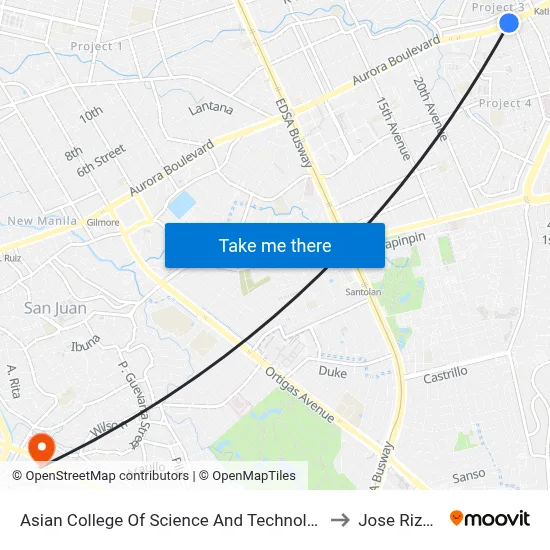 Asian College Of Science And Technology, Aurora Blvd, Quezon City, Manila to Jose Rizal University map