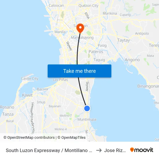 South Luzon Expressway / Montillano St Intersection, Muntinlupa City, Manila to Jose Rizal University map