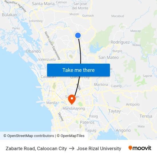 Zabarte Road, Caloocan City to Jose Rizal University map