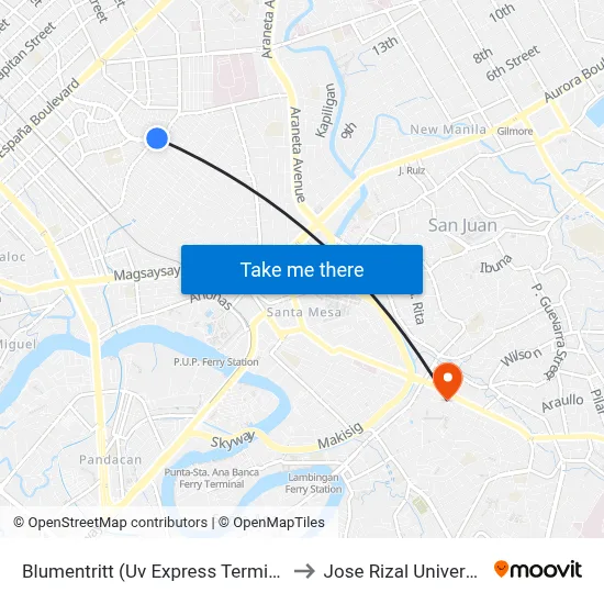 Blumentritt (Uv Express Terminal) to Jose Rizal University map
