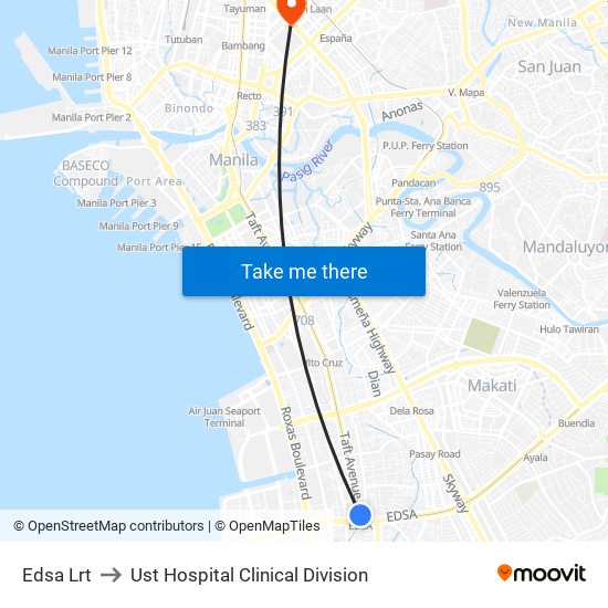 Edsa Lrt to Ust Hospital Clinical Division map