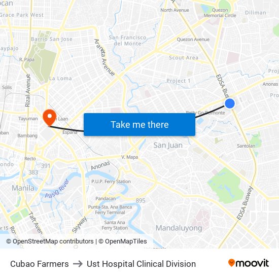Cubao Farmers to Ust Hospital Clinical Division map