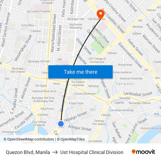 Quezon Blvd, Manila to Ust Hospital Clinical Division map