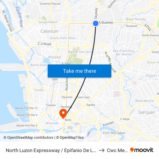 North Luzon Expressway / Epifanio De Los Santos Avenue Intersection, Caloocan City to Cwc Medical Tower map