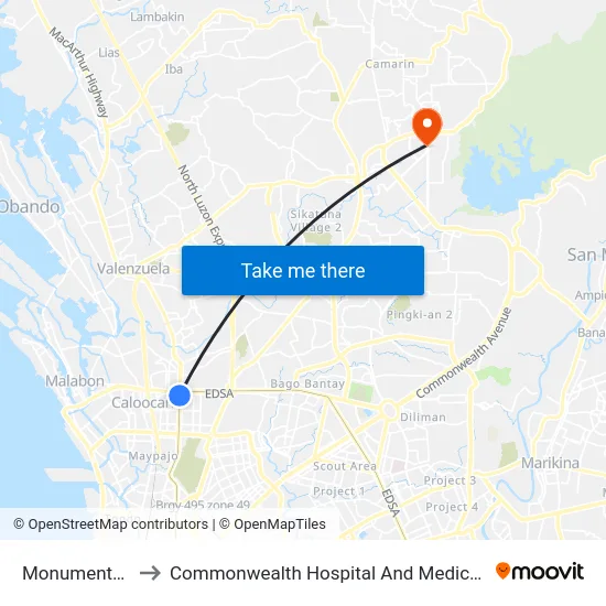 Monumento Lrt to Commonwealth Hospital And Medical Center map