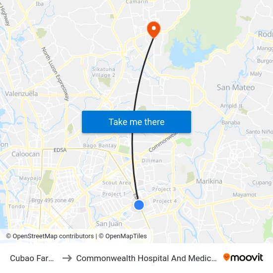 Cubao Farmers to Commonwealth Hospital And Medical Center map