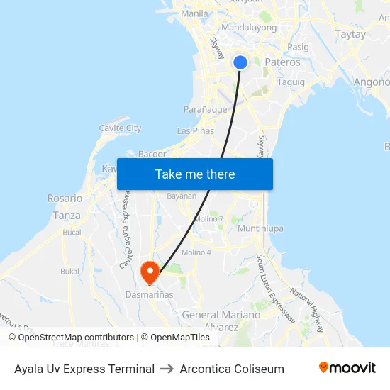 Ayala Uv Express Terminal to Arcontica Coliseum map