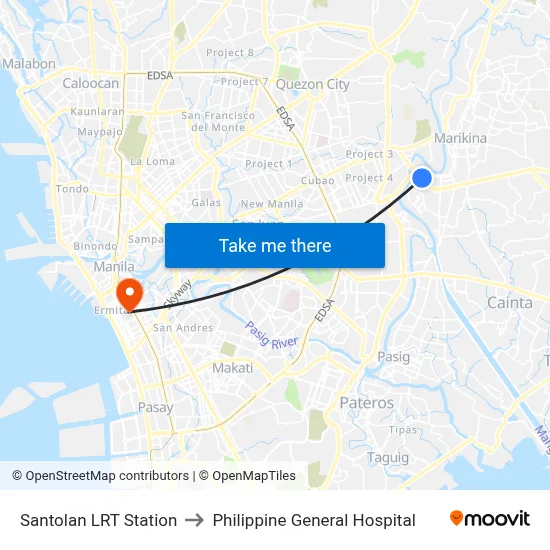 Santolan LRT Station to Philippine General Hospital map