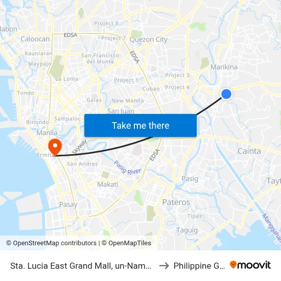Sta. Lucia East Grand Mall, un-Named Road Near Felix Road, Cainta, Manila to Philippine General Hospital map