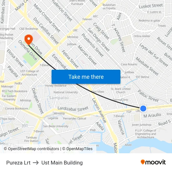 Pureza Lrt to Ust Main Building map