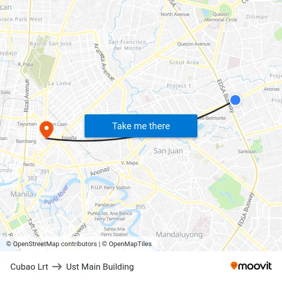 Cubao Lrt to Ust Main Building map