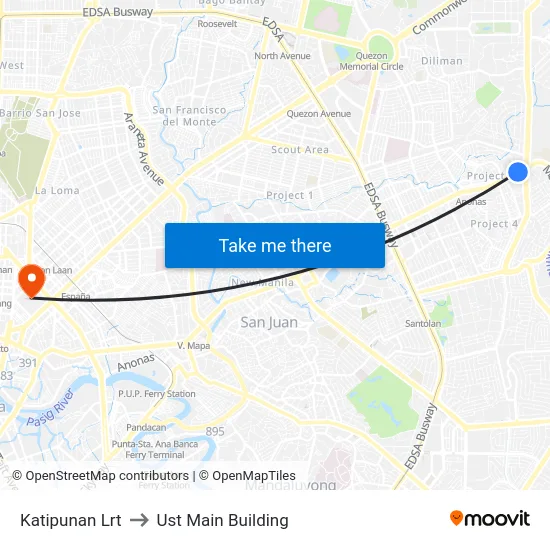 Katipunan Lrt to Ust Main Building map