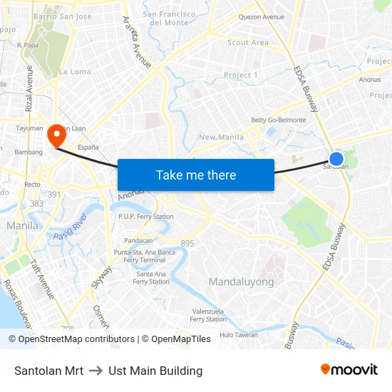 Santolan Mrt to Ust Main Building map