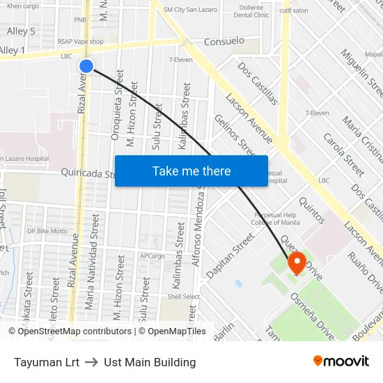 Tayuman Lrt to Ust Main Building map
