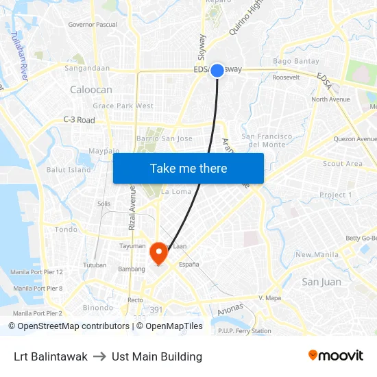 Lrt Balintawak to Ust Main Building map