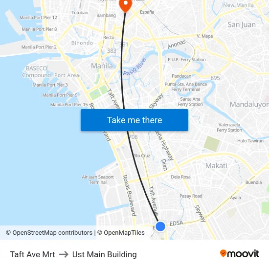 Taft Ave Mrt to Ust Main Building map