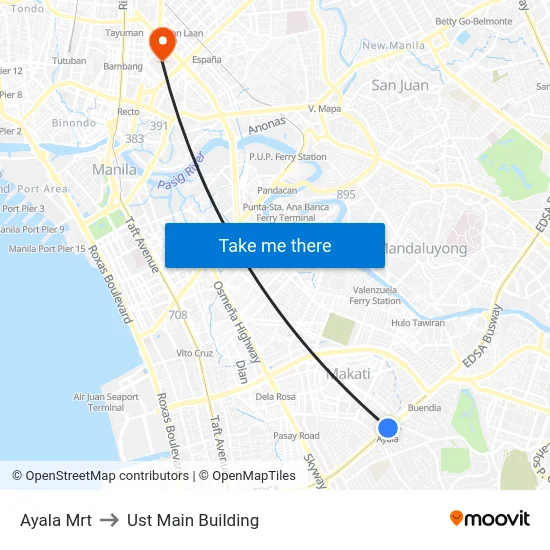 Ayala Mrt to Ust Main Building map