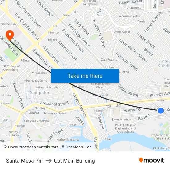 Santa Mesa Pnr to Ust Main Building map