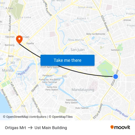 Ortigas Mrt to Ust Main Building map