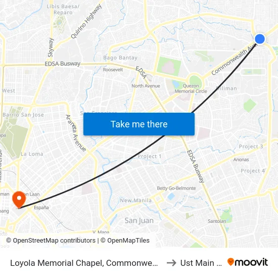 Loyola Memorial Chapel, Commonwealth Avenue, Quezon City to Ust Main Building map
