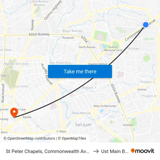 St Peter Chapels, Commonwealth Avenue, Quezon City to Ust Main Building map
