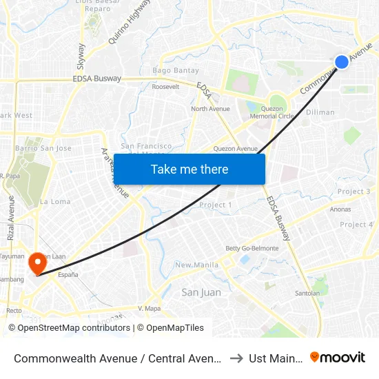 Commonwealth Avenue / Central Avenue Intersection, Quezon City to Ust Main Building map
