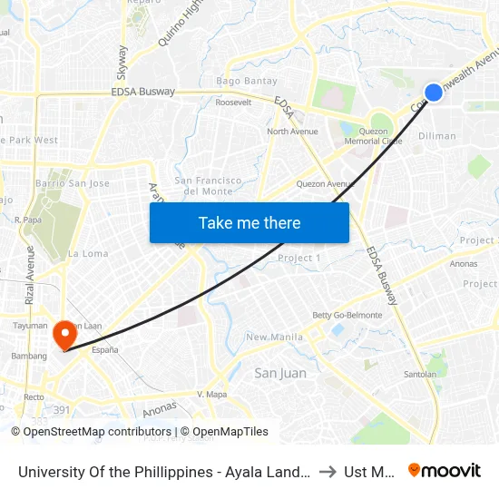 University Of the Phillippines - Ayala Land Technohub, Commonwealth Avenue, Quezon City to Ust Main Building map