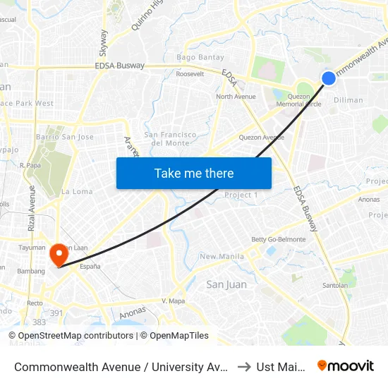 Commonwealth Avenue / University Avenue Intersection, Quezon City to Ust Main Building map