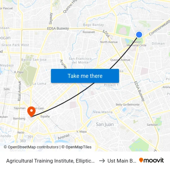 Agricultural Training Institute, Elliptical Rd, Quezon City to Ust Main Building map