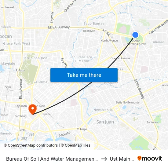 Bureau Of Soil And Water Management, Elliptical Rd, Quezon City to Ust Main Building map