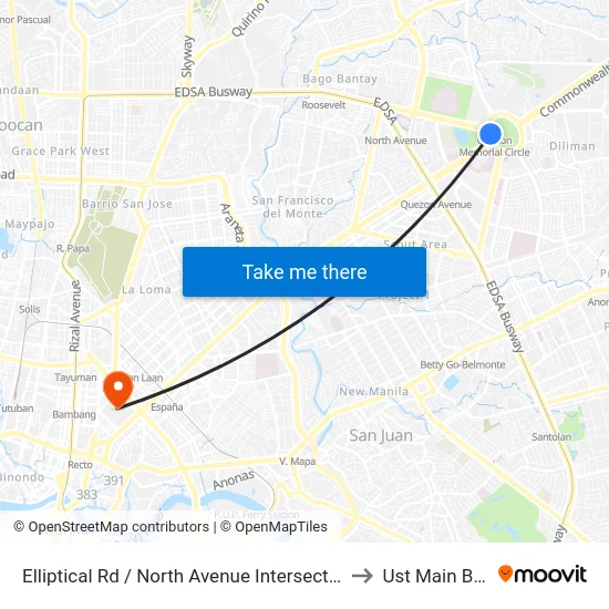 Elliptical Rd / North Avenue Intersection, Quezon City to Ust Main Building map