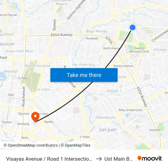 Visayas Avenue / Road 1 Intersection, Quezon City to Ust Main Building map