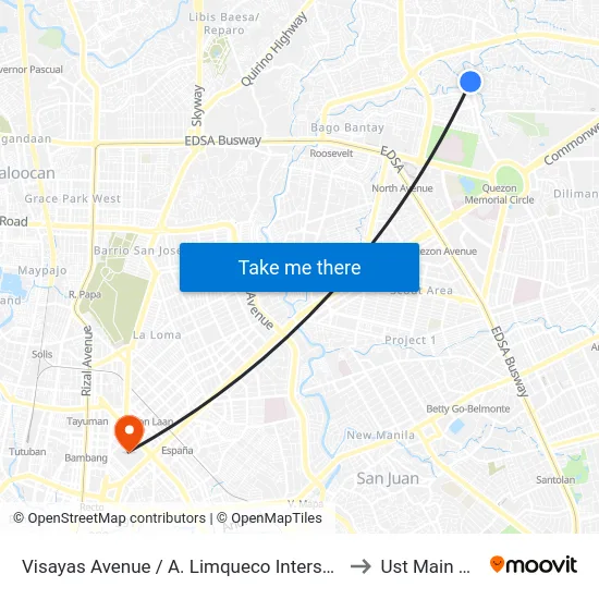 Visayas Avenue / A. Limqueco Intersection, Quezon City to Ust Main Building map