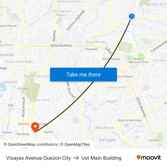 Visayas Avenue Quezon City to Ust Main Building map