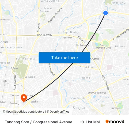 Tandang Sora / Congressional Avenue Extension Intersection, Quezon City to Ust Main Building map