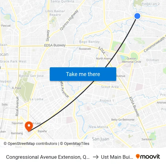 Congressional Avenue Extension, Quezon City to Ust Main Building map
