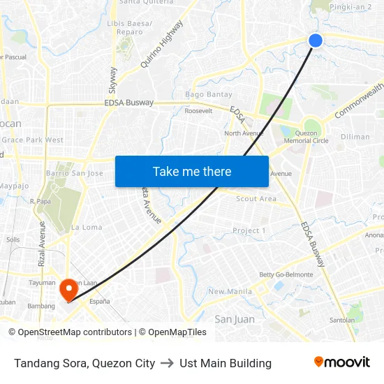 Tandang Sora, Quezon City to Ust Main Building map