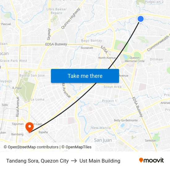 Tandang Sora, Quezon City to Ust Main Building map