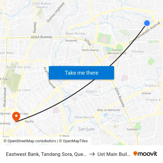 Eastwest Bank, Tandang Sora, Quezon City to Ust Main Building map