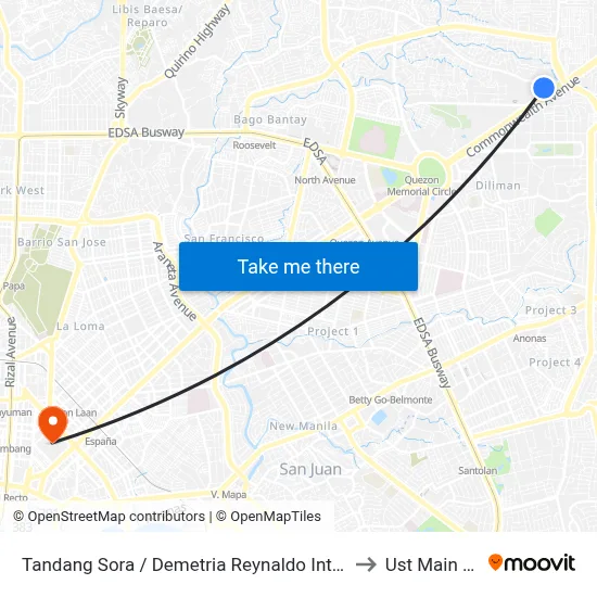 Tandang Sora / Demetria Reynaldo Intersection, Quezon City to Ust Main Building map